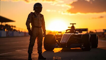 Silhouetted racing driver stands beside his Formula 1 car at sunset, a dramatic scene of motorsport.