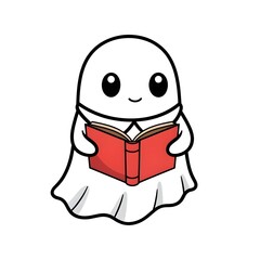 A charming collection of cute kawaii Halloween characters, featuring a smiling pumpkin, a friendly ghost, a skull, a cat, and a bird.