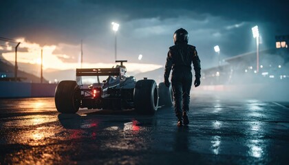 Formula 1 Racer Walks Towards Car on Wet Track at Dusk