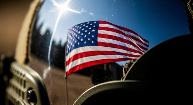 American flag reflected on a vehicle window with bright sunlight and a clear blue sky backdrop scene