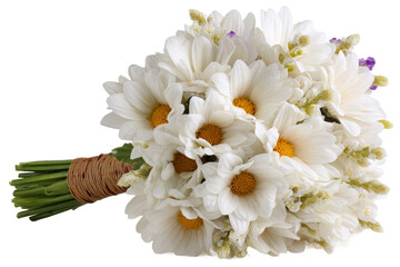 A beautiful bouquet of white daisies with yellow centers, elegantly wrapped in twine, showcasing their vibrant colors against a clean background, perfect for celebrations or decor