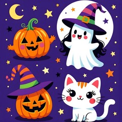 Spooky Halloween Collection Featuring Black Cats, Jack-o'-Lanterns, Witch Hats, Bats, and Spiders for a Festive Celebration