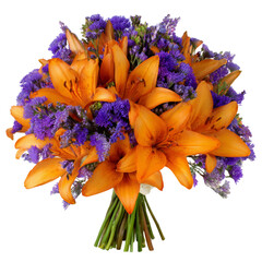 A vibrant bouquet featuring orange lilies and purple statice, beautifully arranged with lush greenery, perfect for celebrations, gifts, or home decor