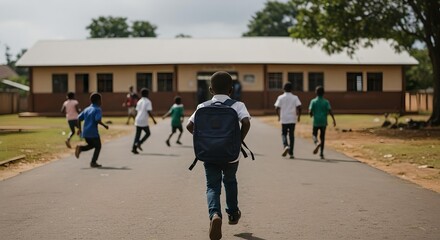 Back view African children with backpacks are going to school. back to school concept
