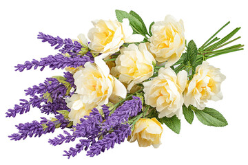 A vibrant bouquet of yellow roses and purple lavender, beautifully arranged with green leaves, perfect for decoration or as a gift, set against a clean white background