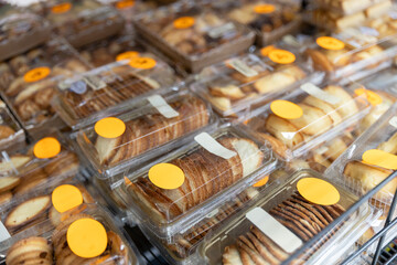 Fresh shortbread cookies in a box on the counter in the store.