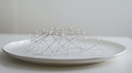 Backlink network web visualized minimally on a white plate, thin glowing lines and nodes connected delicately, isolated studio lighting, clean, modern, high detail, simple elegance.