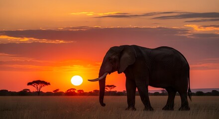 Fototapeta premium Majestic African elephant silhouetted against a fiery savanna sunset, symbolizing the profound beauty of wilderness