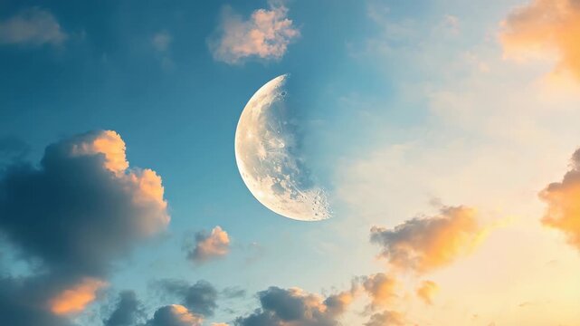 Half moon in blue sky with colorful clouds at sunrise or sunset