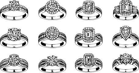 diamond studded engagement rings vector set, wedding ring symbolizing love and commitment. Variety of designs, from classic solitaires to intricate patterns