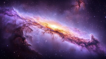Fototapeta premium A vibrant nebula with purple and gold hues shines against a dark background.