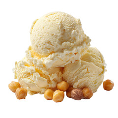 A delicious scoop of creamy vanilla ice cream piled high with crunchy hazelnuts, set against a clean white background, perfect for dessert menus or food blogs