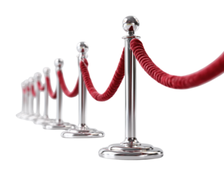 Elegant red velvet rope barrier with chrome posts against a dark background