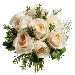 A beautiful bouquet of cream roses elegantly arranged with fresh greenery, showcasing a delicate floral composition ideal for weddings or special occasions, set against a plain background