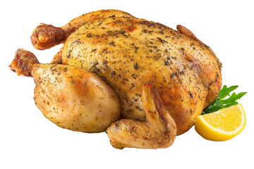 A perfectly roasted chicken garnished with fresh herbs and a slice of lemon, presented on a clean surface, ideal for culinary displays or food-related content