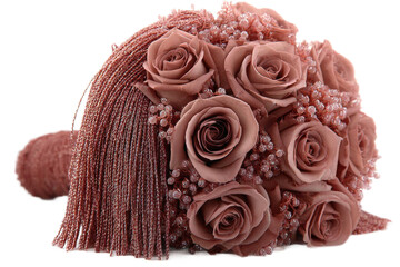 A beautifully arranged bouquet of dusty rose artificial roses with delicate embellishments, set against a white background, perfect for wedding decor or special occasions
