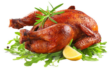 A beautifully roasted chicken garnished with fresh herbs and lemon slices, resting on a bed of arugula, showcasing a delicious meal perfect for gatherings or festive occasions