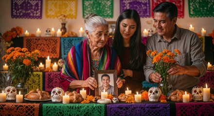 Portrait of a multi-generational Hispanic family honoring ancestors at their Dia de los Muertos altar