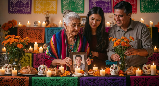 Portrait of a multi-generational Hispanic family honoring ancestors at their Dia de los Muertos altar