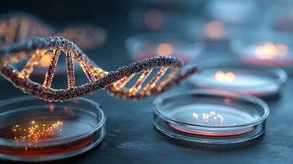 Genetic engineering theme, DNA double helix wrapped with glowing gene fragments, surrounded by neatly arranged petri dishes, background is dark blue laboratory table 