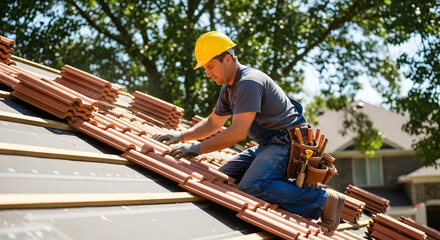 Skilled rooftop carpenter diligently installing terracotta roof tiles on a residential house. Professional construction worker focused on building and home renovation.