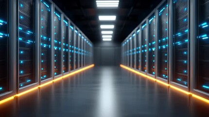 Digital Gateway: Immerse yourself in the world of data with this image, featuring a sleek and modern server room, with its clean lines and bright, glowing lights. A symbol of the modern digital age. - Powered by Adobe