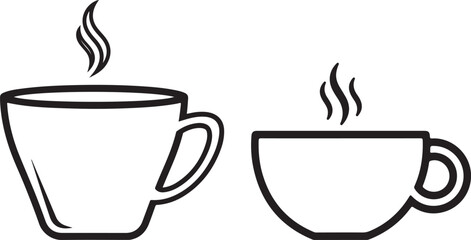 Two steaming coffee cups illustration, black and white design element