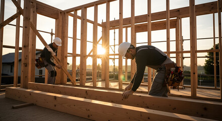 Fototapeta premium Skilled Rooftop Carpenter Team Working on New Home Frame at Sunset