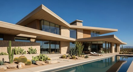 Fototapeta premium Minimalist Desert Villa with Sharp Angles and Cactus Landscaping