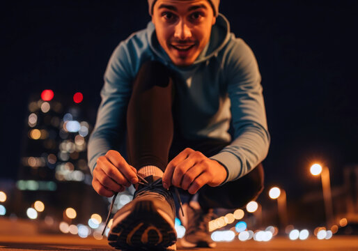 Young man tying shoelaces on running shoes at night with city lights in background