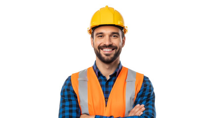 Smiling Rooftop Carpenter in Hard Hat and Safety Vest Ready for Work