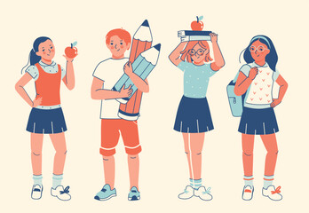 Diverse student group with school supplies. Flat style clipart. Isolated vector elements