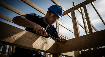 Dedicated Rooftop Carpenter Shaping Wooden Beams for New Construction.
