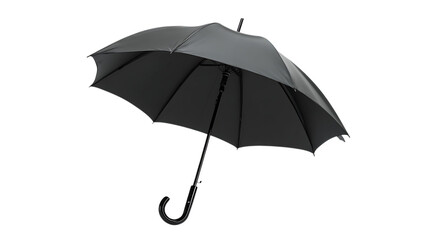 Black umbrella open with curved handle on transparent background.