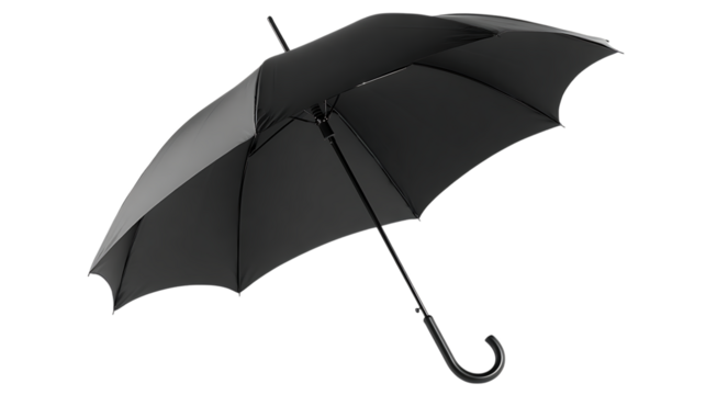 Black umbrella open with curved handle on transparent background.