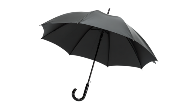 Black umbrella open with curved handle on transparent background. - Powered by Adobe