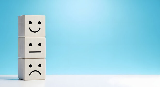 Customer service evaluation and satisfaction survey concepts. The client's hand picked the happy face smile face symbol on wooden blocks, copy space