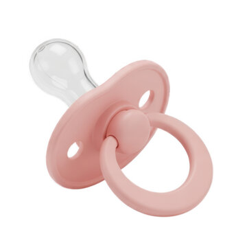 Soft pink silicone pacifier with clear orthodontic nipple isolated on transparent background