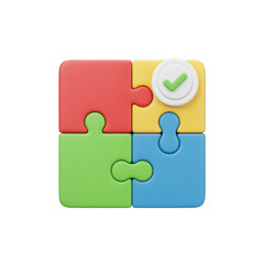 Four colorful puzzle pieces forming a square with a checkmark isolated on transparent background