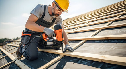 Focused rooftop carpenter installing wooden battens on a new roof structure using a nail gun on a sunny day.