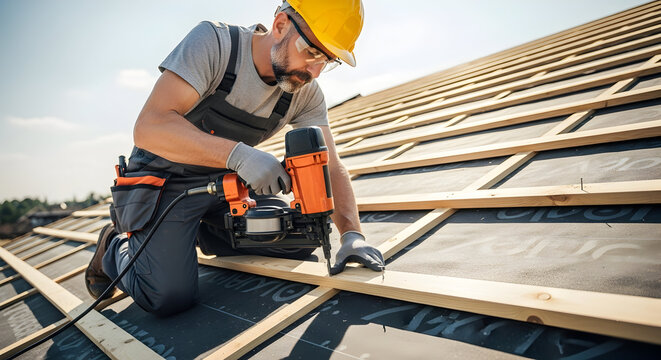 Focused rooftop carpenter installing wooden battens on a new roof structure using a nail gun on a sunny day.