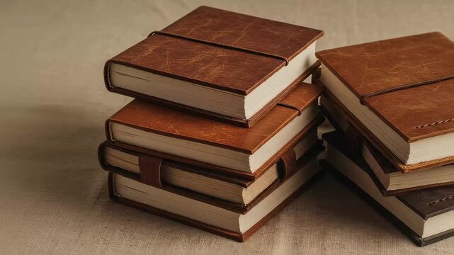 Handmade leather journals stacked on linen background