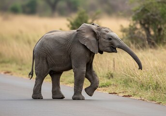 Obraz premium Adorable Baby Elephant Crossing a Road in African Savanna. Generative Ai