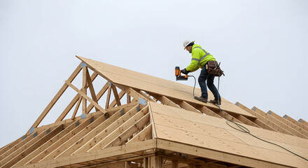 Skilled rooftop carpenter working on new house roof framing with a nail gun, securing plywood sheathing at a construction site.