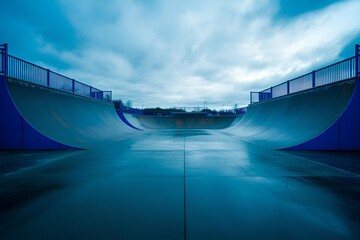 Generic skatepark ramps low view to show scale with blue saturation, empty urban skate area with rails, ledges, quarter pipe, smooth concrete, sunny extreme sports park for skateboard and scooter