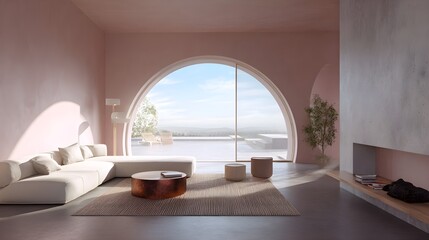 Fototapeta premium Modern Living Room Minimalist Basalt Postmodern Norwegian Style Sunny Weather Vibrant Accents Crisp Details Radiant Lighting Elegant Design Luxurious Ambiance (AI-Generated)