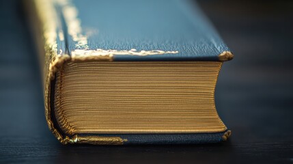 A close-up view of a beautifully bound book with gilded edges, resting on a dark surface, showcasing its rich texture and craftsmanship.