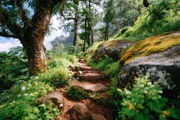 Fototapeta premium Serene Nature Trail Leading Through Lush Greenery, Rocky Pathway, and Vibrant Flora in a Peaceful Wilderness Landscape