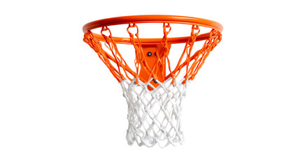 Orange basketball hoop with white net on transparent background.