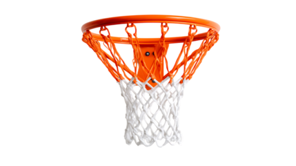 Orange basketball hoop with white net on transparent background.